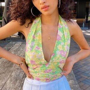With Jean - Floral Halter Neck Top - Green and Pink - XS